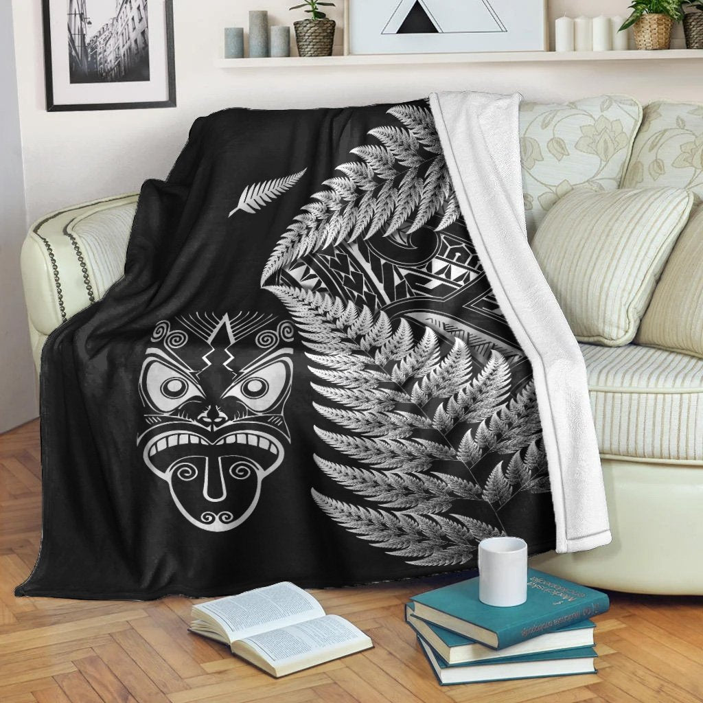 New Zealand Haka Rugby Maori Premium Blanket Silver Fern Vibes - Black LT8 White - Polynesian Pride