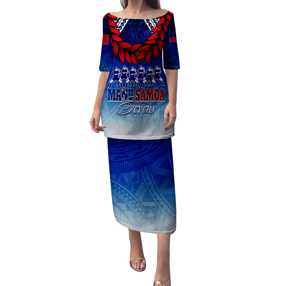 Personalised Samoa Sevens Puletasi Dress Manu Siva Tau With Ula Fala LT7 Women Blue - Polynesian Pride