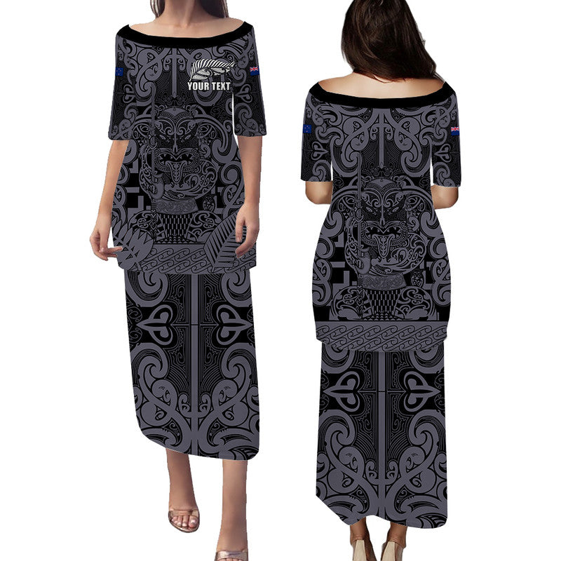 (Custom Personalised) New Zealand Taiaha Maori Puletasi Dress Minimalist Silver Fern All Black LT9 Long Dress Black - Polynesian Pride