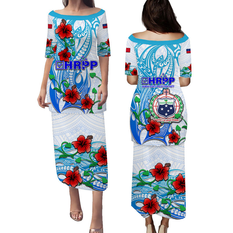 Special Samoa HRPP Party Puletasi Dress Tribal Samoan Hibiscus Design LT9 Long Dress Blue - Polynesian Pride