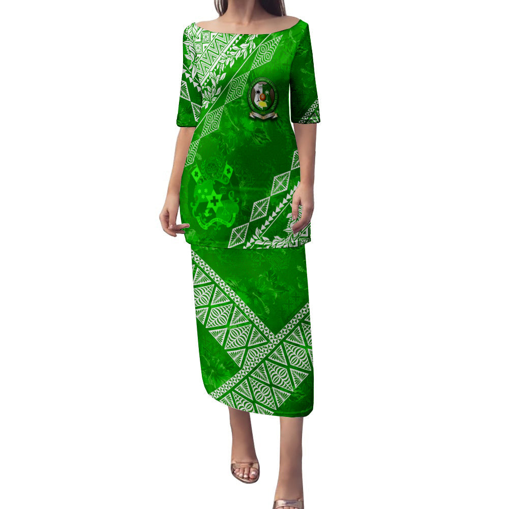 Liahona High School Tonga Puletasi Dress Kupesi Style - Ver01 LT7 Long Dress Green - Polynesian Pride