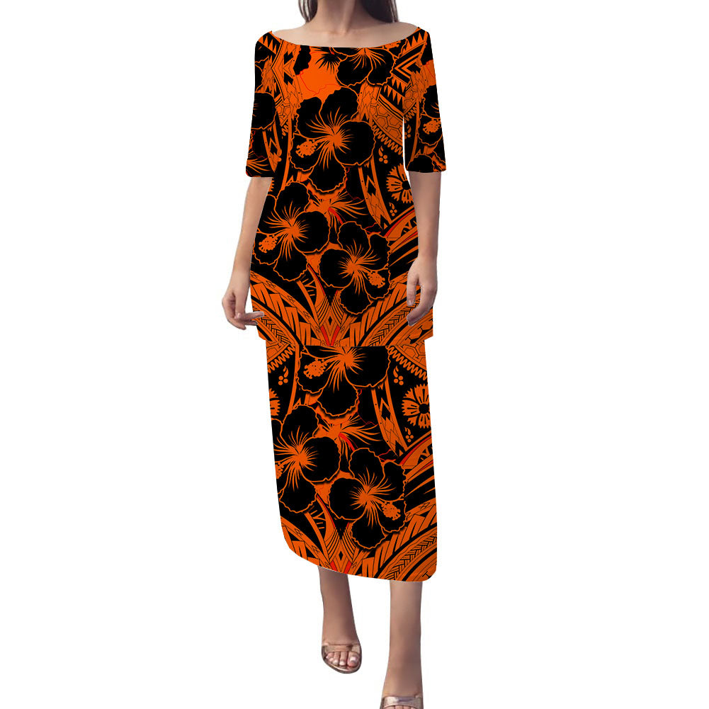 Hibiscus Puletasi Dress Fiji Orange Patterns Polynesian Pride