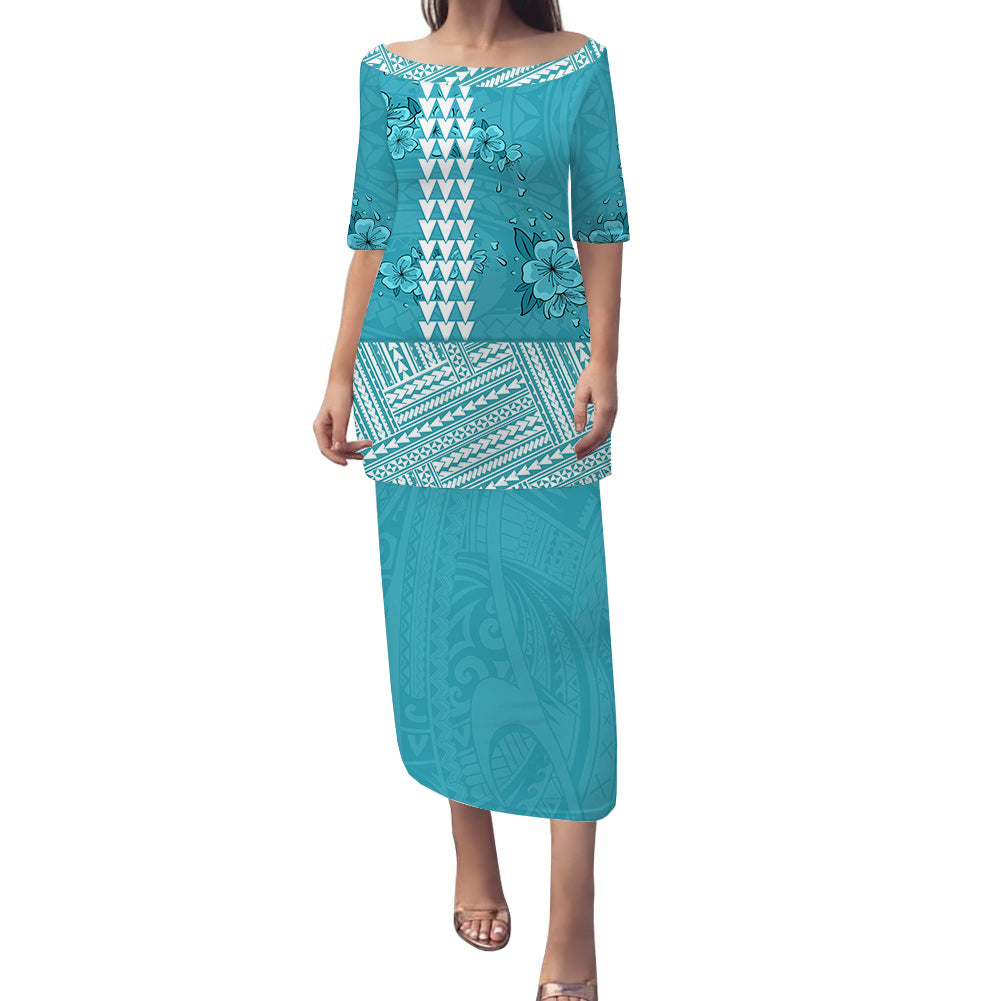 Polynesian Puletasi Dress Tropical Flower Mix Polynesian Pattern Ver.03 LT14 Turquoise - Polynesian Pride