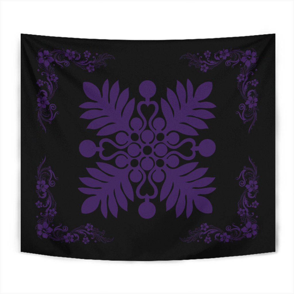 Hawaiian Quilt Maui Plant And Hibiscus Tappestry - Purple Black - AH Wall Tapestry Purple - Polynesian Pride