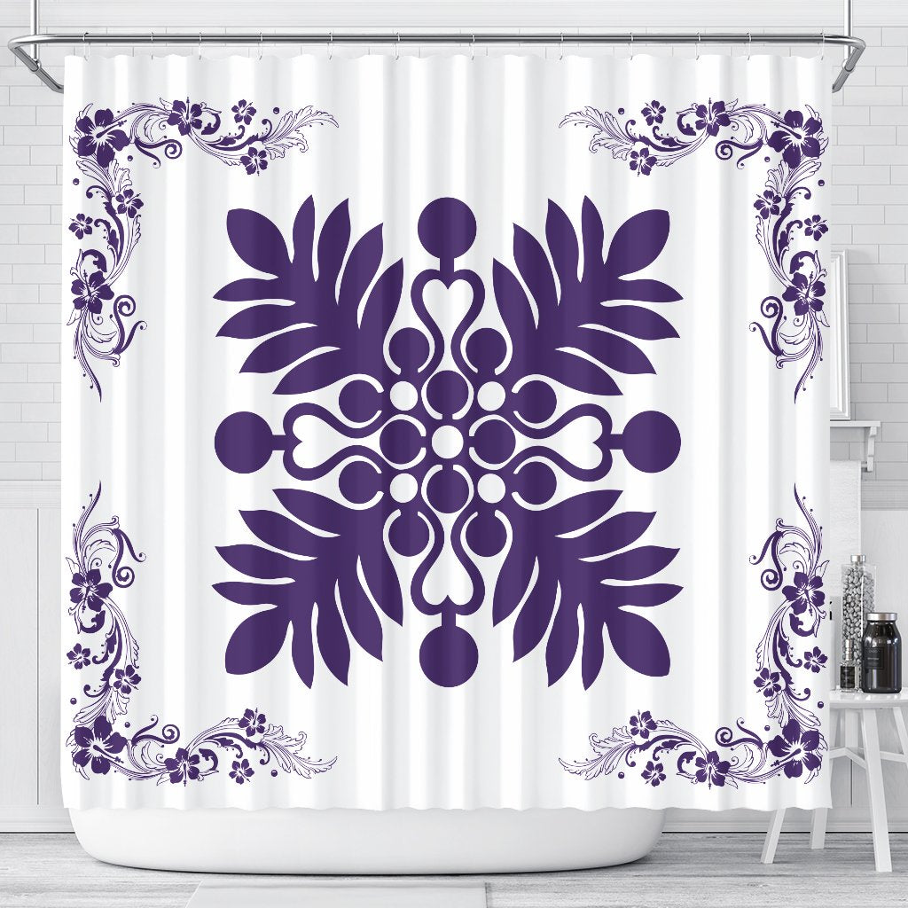 Hawaiian Quilt Maui Plant And Hibiscus Shower Curtain - Purple White - AH 177 x 172 (cm) Purple - Polynesian Pride