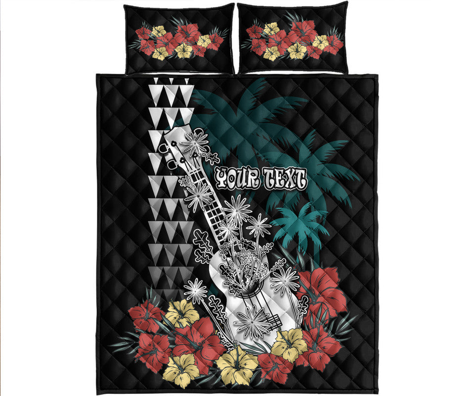 (Custom Personalised) Hawaii Ukulele Mix Hibiscus and Coconut Tree Quilt Bed Set Aloha Vintage Black Version LT9 Black - Polynesian Pride