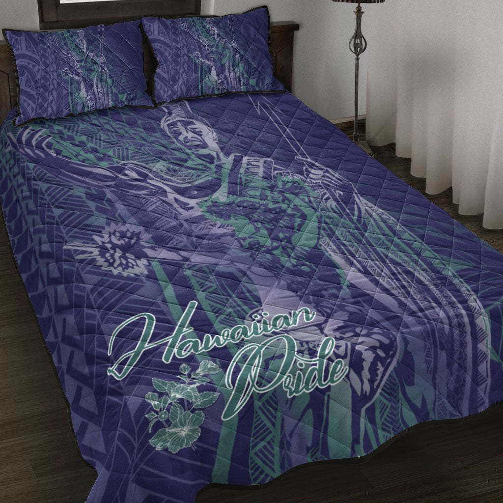 Hawaii Quilt Bed Set - King Of Hawaii With Hawaiian Girls Purple Version Art - Polynesian Pride