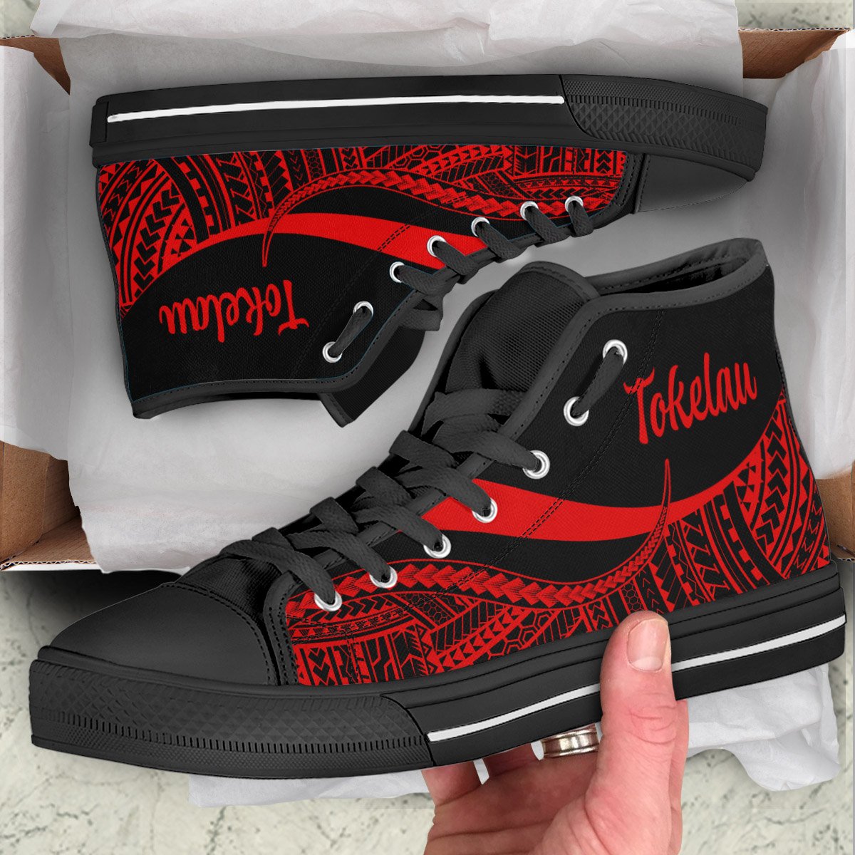 Tokelau High Top Shoes Red - Polynesian Tentacle Tribal Pattern Unisex Black - Polynesian Pride