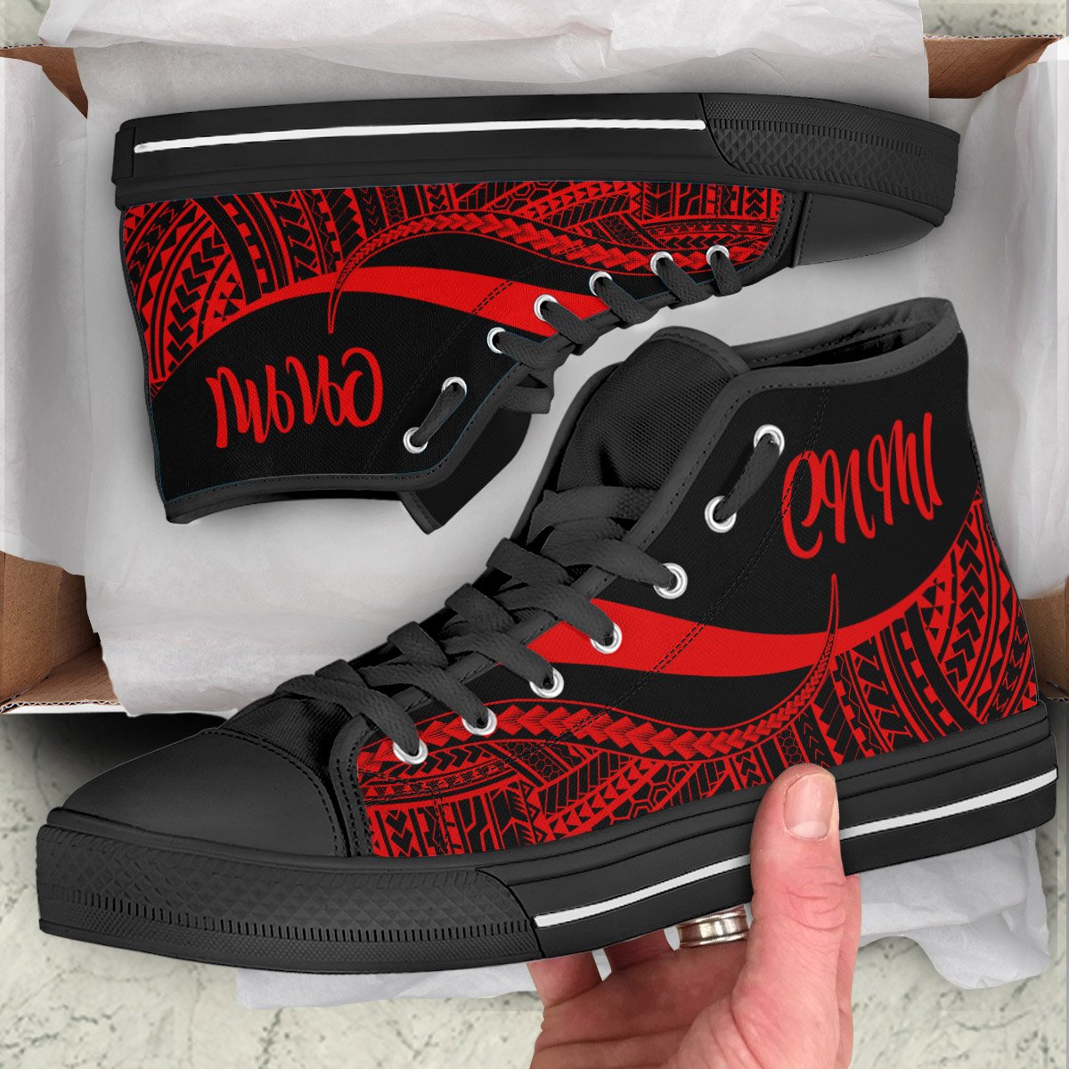 Northern Mariana Islands High Top Shoes Red - Polynesian Tentacle Tribal Pattern Unisex Black - Polynesian Pride