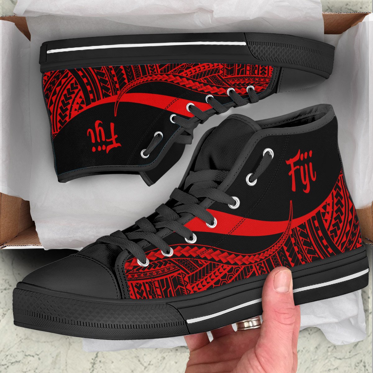 Fiji High Top Shoes Red - Polynesian Tentacle Tribal Pattern Crest Unisex Black - Polynesian Pride