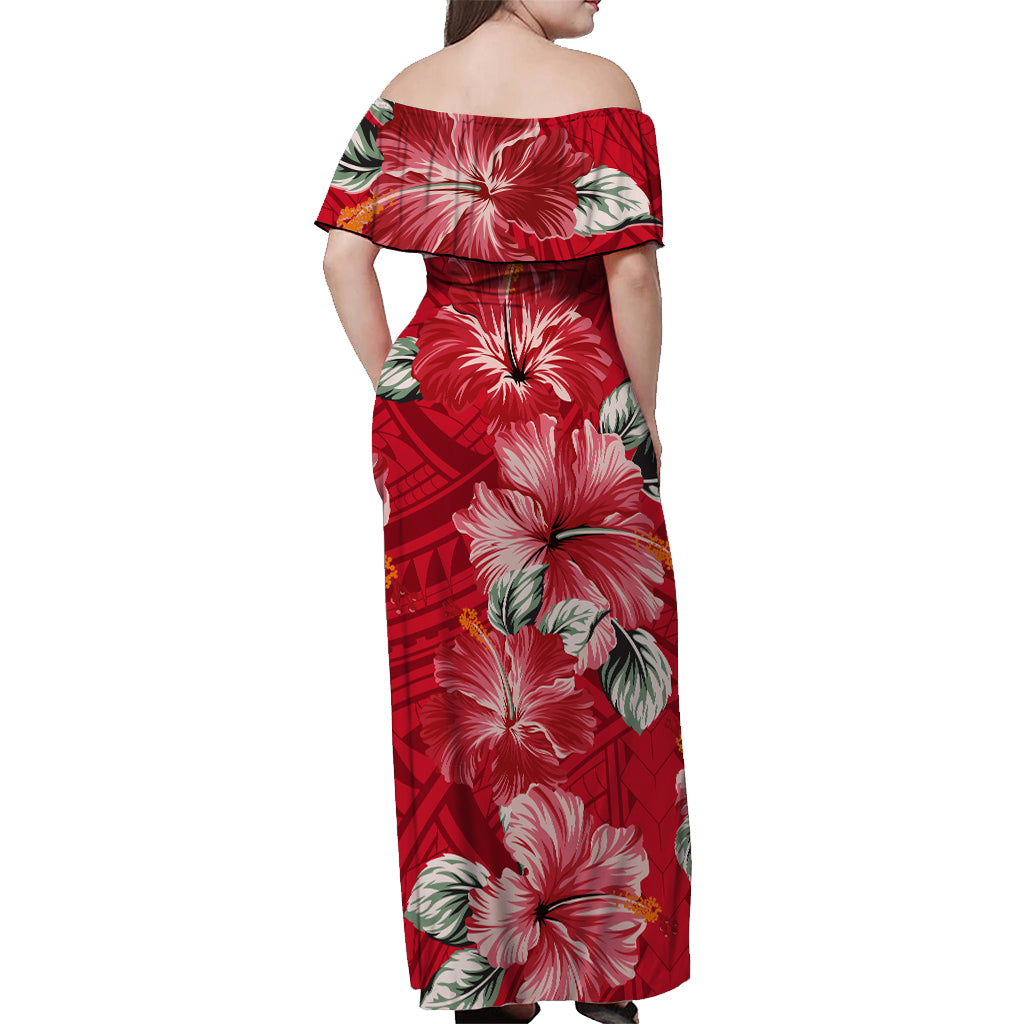 Samoa Off Shoulder Long Dress Hibiscus Unique Style - Red LT7 - Polynesian Pride