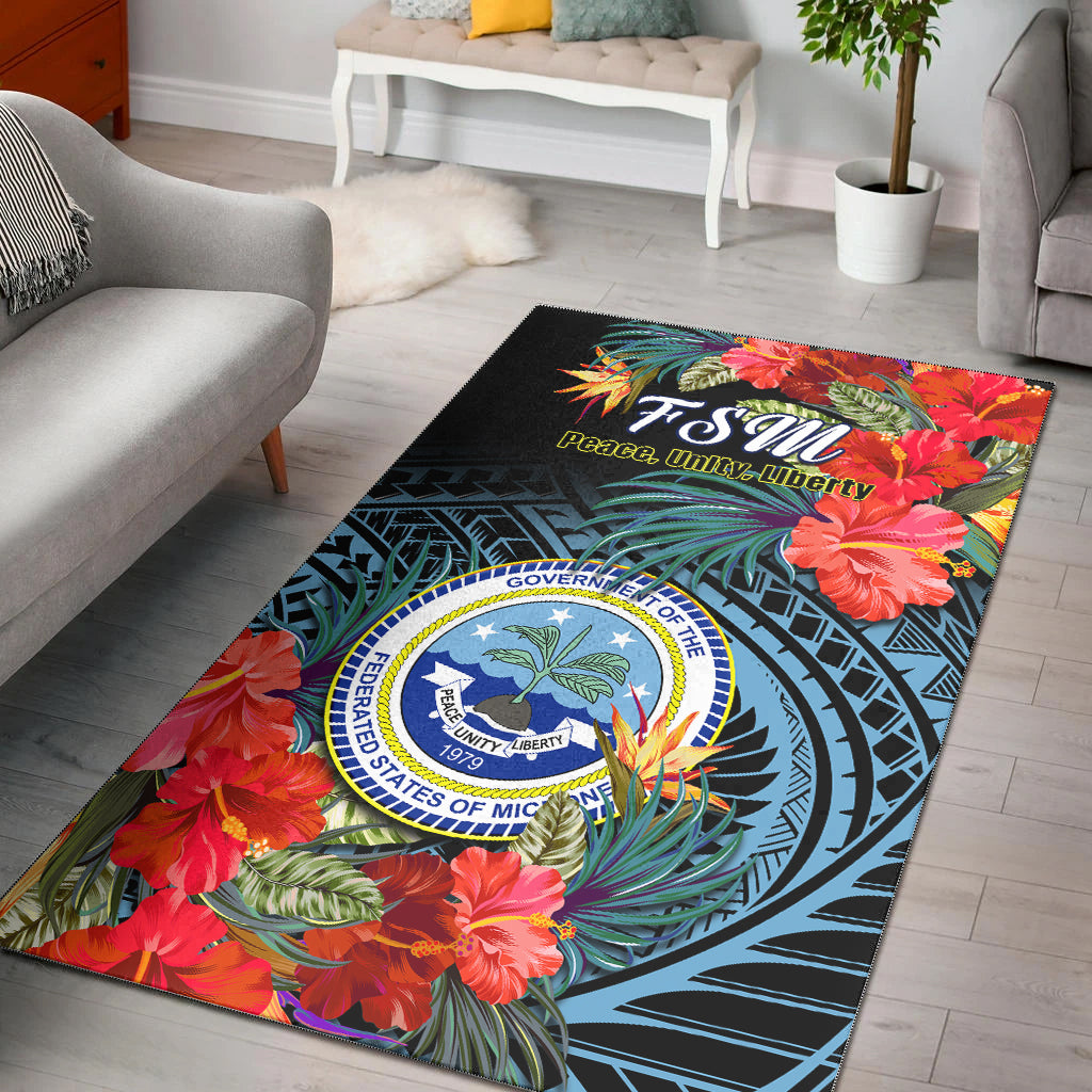 Federated States of Micronesia Area Rug Hibiscus Flowers FSM Seal Polynesian LT14 Black - Polynesian Pride