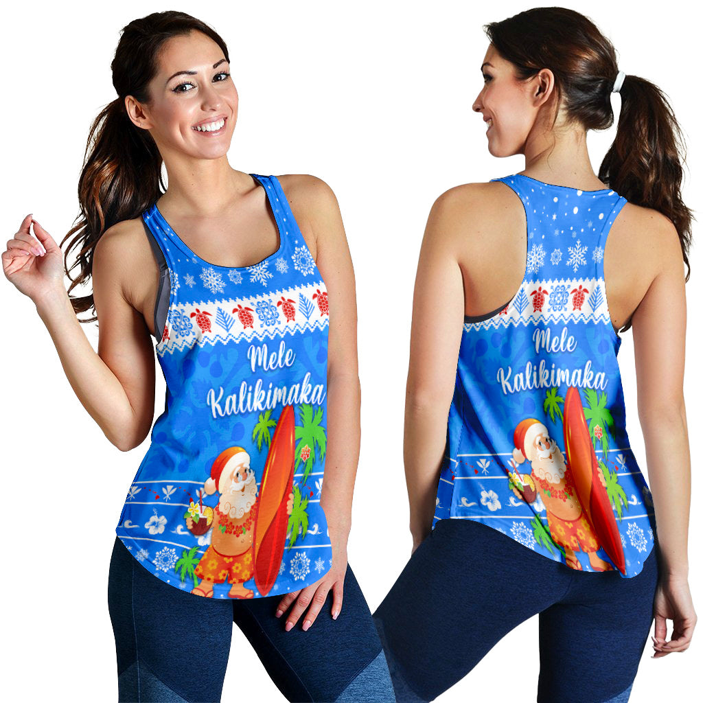 Hawaii Christmas Women Racerback Tank Santa Claus Surfing Simple Style - Blue LT8 - Polynesian Pride