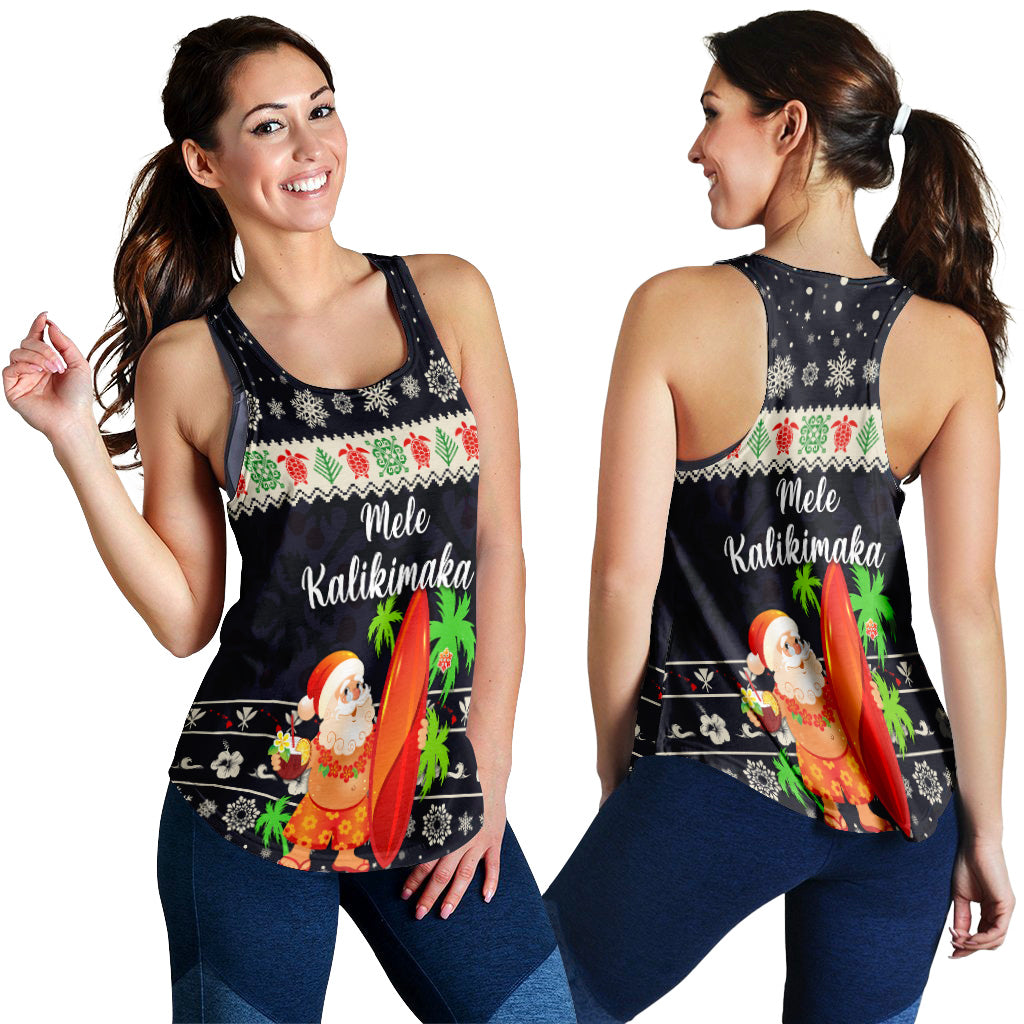 Hawaii Christmas Women Racerback Tank Santa Claus Surfing Simple Style - Navy LT8 - Polynesian Pride