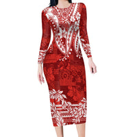 Polynesian Long Sleeves Bodycon Dress Tapa Plumeria Style - Red LT7 Polyester spandex Red - Polynesian Pride
