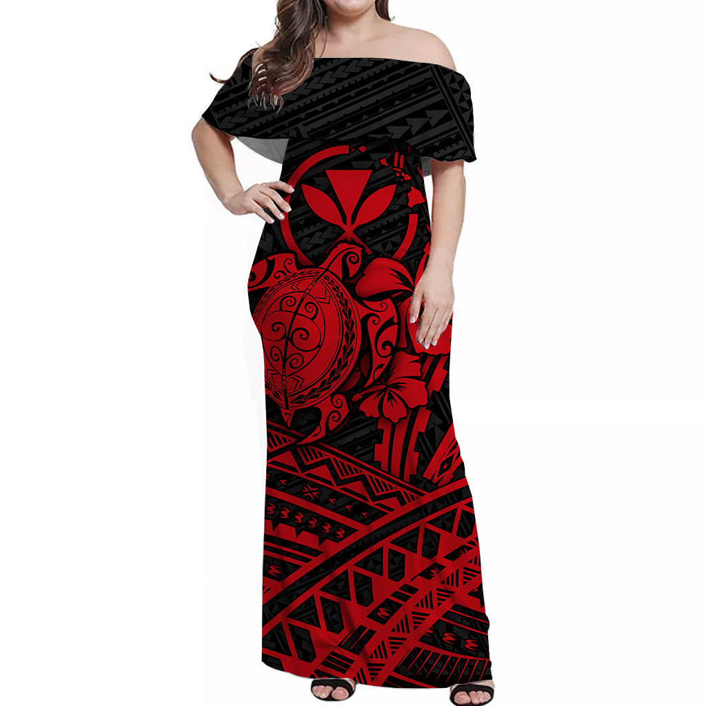 Hawaii Turtle With Hibiscus Tribal Off Shoulder Dress Red - LT12 Women Red - Polynesian Pride