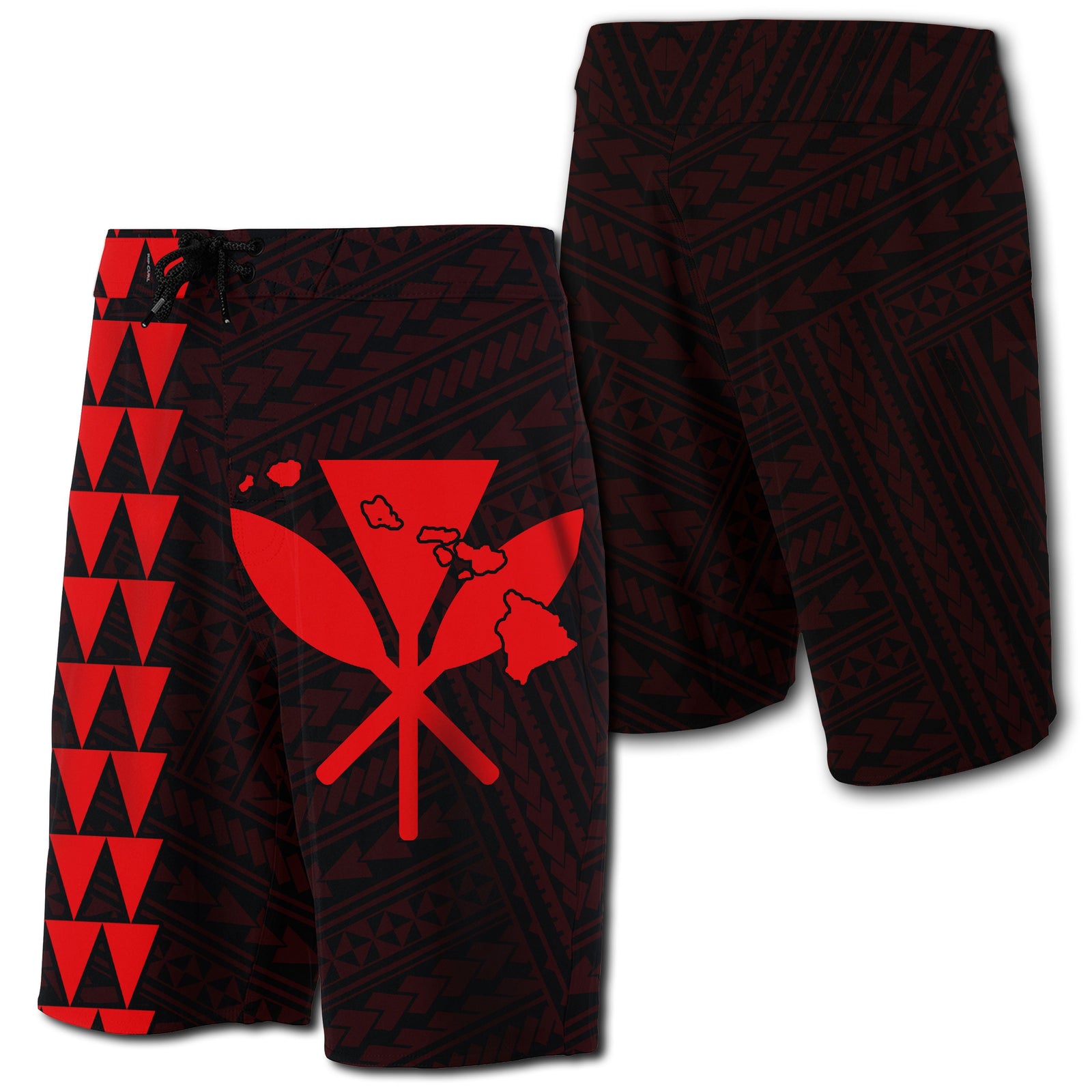 Hawaii Kakau Polynesian Kanaka Map Board Shorts - Red Men Red - Polynesian Pride