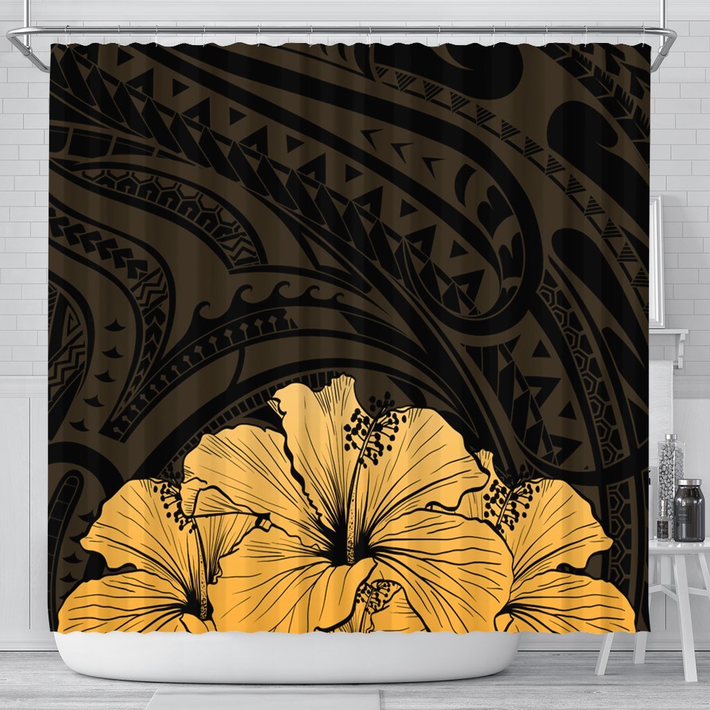 Royal Hibiscus Polynesian Tribal Golden Shower Curtain - AH 177 x 172 (cm) Black - Polynesian Pride