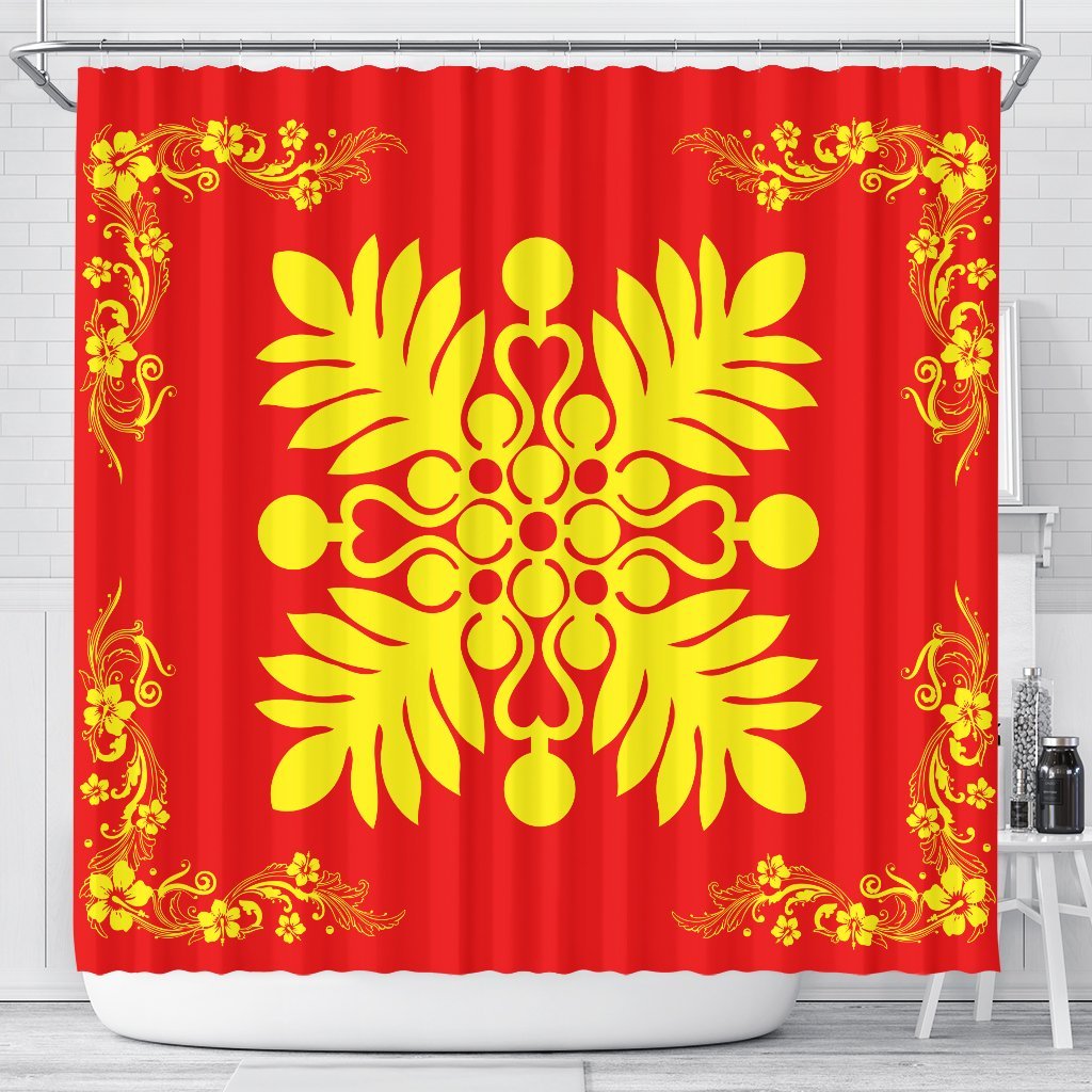 Hawaiian Quilt Maui Plant And Hibiscus Shower Curtain - Royal - AH 177 x 172 (cm) Royal - Polynesian Pride