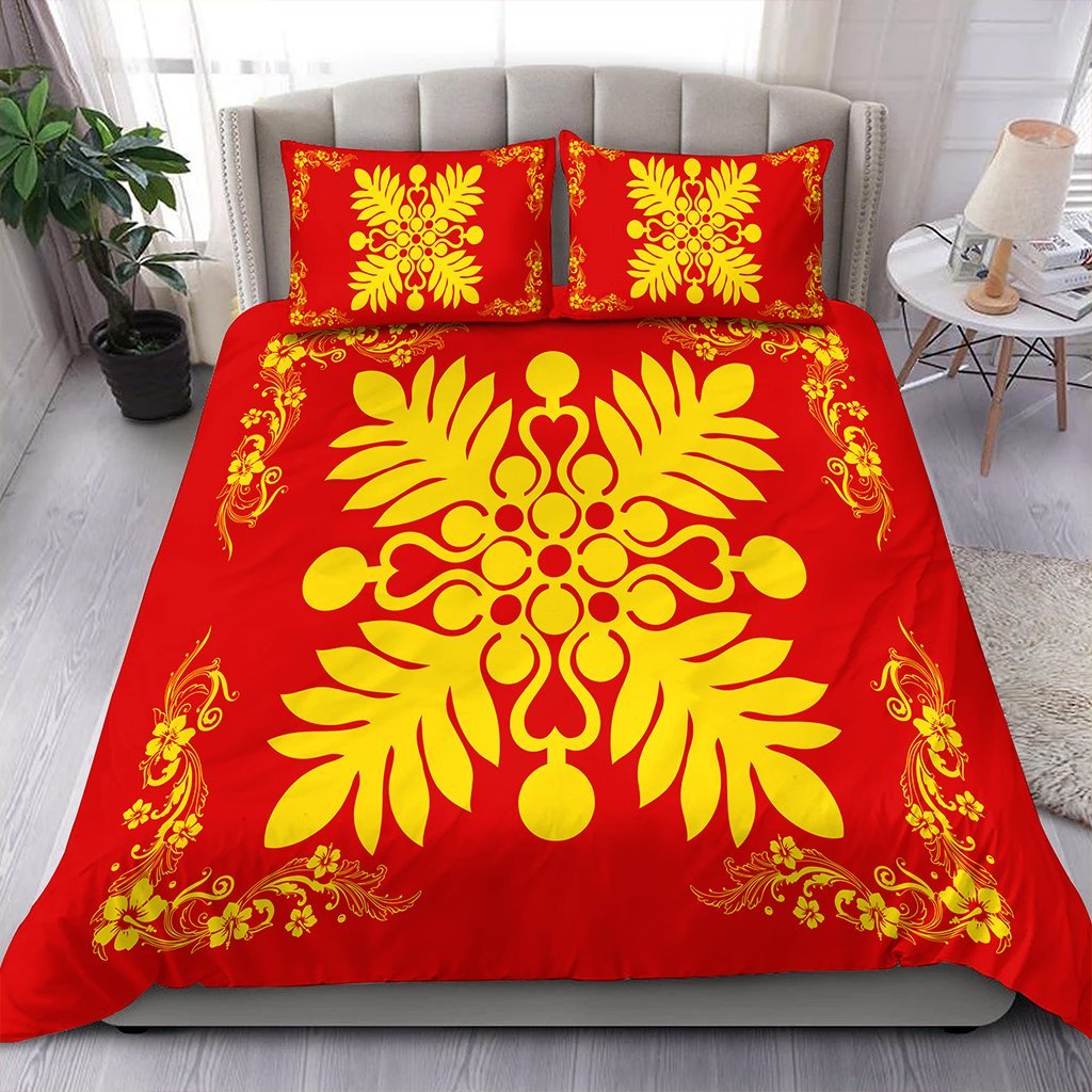 Hawaiian Quilt Maui Plant And Hibiscus Pattern Bedding Set - Royal - AH Royal - Polynesian Pride