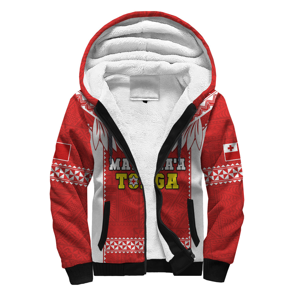 (Custom Text And Number) Tonga Rugby Sherpa Hoodie Mate Maa Tonga Pacific Ngatu White LT14 Unisex Red - Polynesian Pride