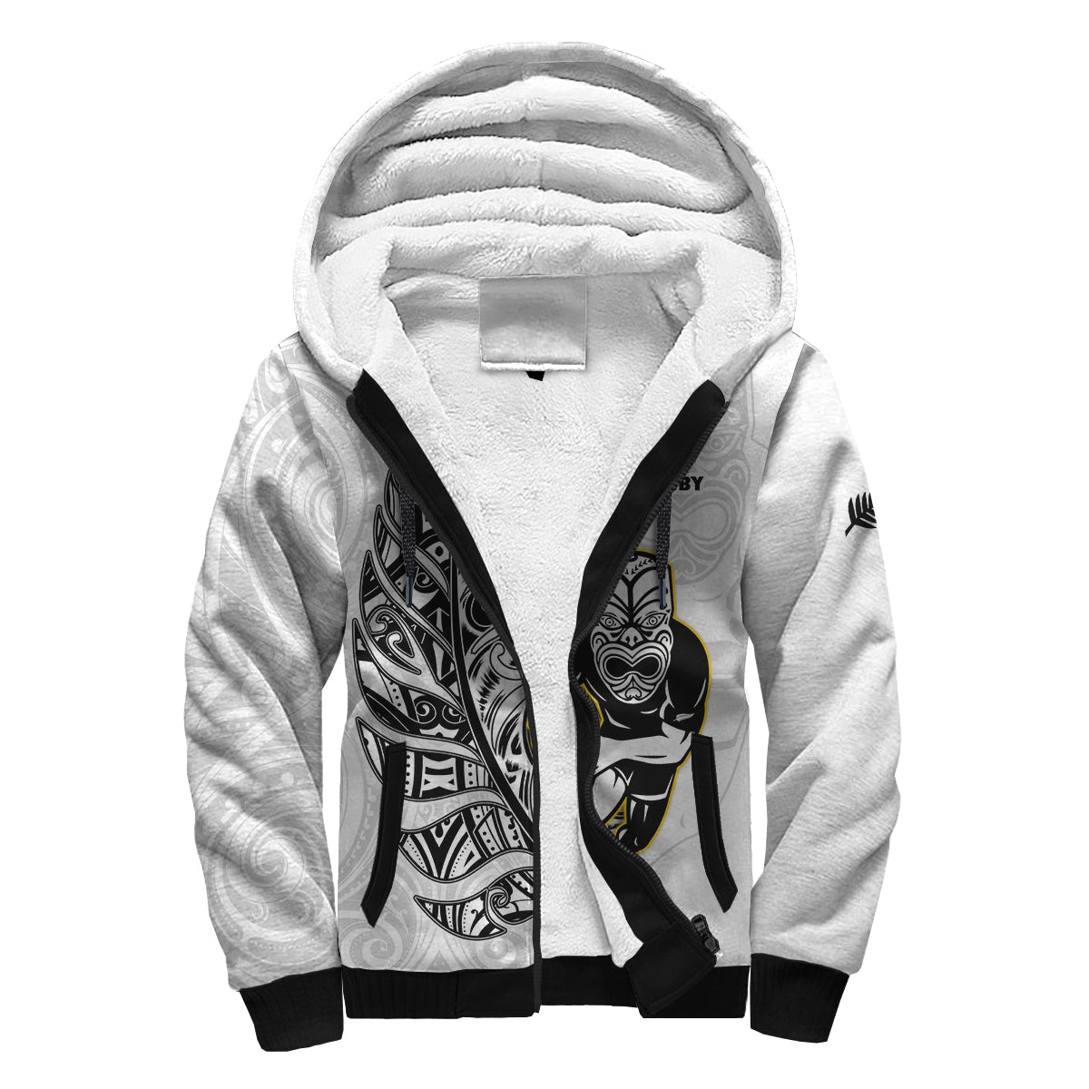 New Zealand Silver Fern Rugby Sherpa Hoodie All Black Maori Version White LT14 Unisex White - Polynesian Pride