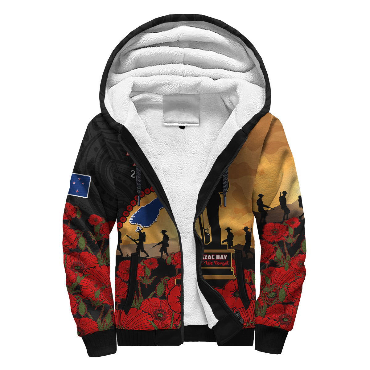 New Zealand Anzac Sherpa Hoodie Maori Camouflage Mix Poppies We Will Remember Them LT14 Unisex Black - Polynesian Pride