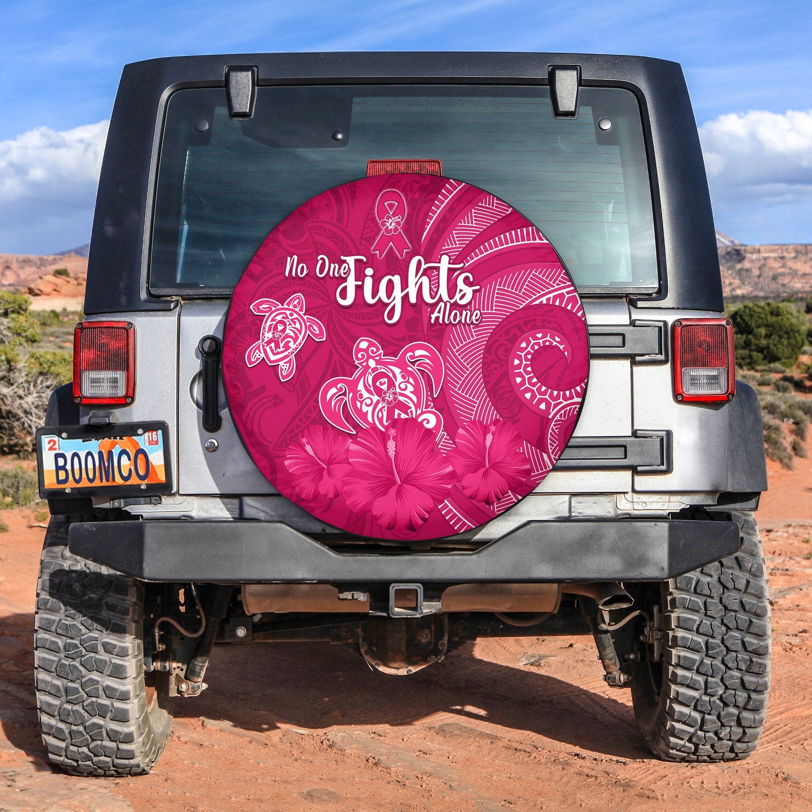 Breast Cancer Awareness Spare Tire Cover Hibiscus Polynesian No One Fights Alone LT13 No hole - Polynesian Pride