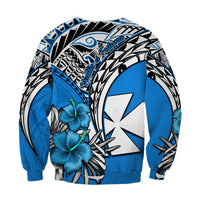 Wallis et Futuna Sweatshirt Polynesian Pattern and Hibiscus Flowers Version Blue LT13 - Polynesian Pride