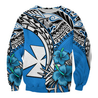 Wallis et Futuna Sweatshirt Polynesian Pattern and Hibiscus Flowers Version Blue LT13 Unisex Blue - Polynesian Pride