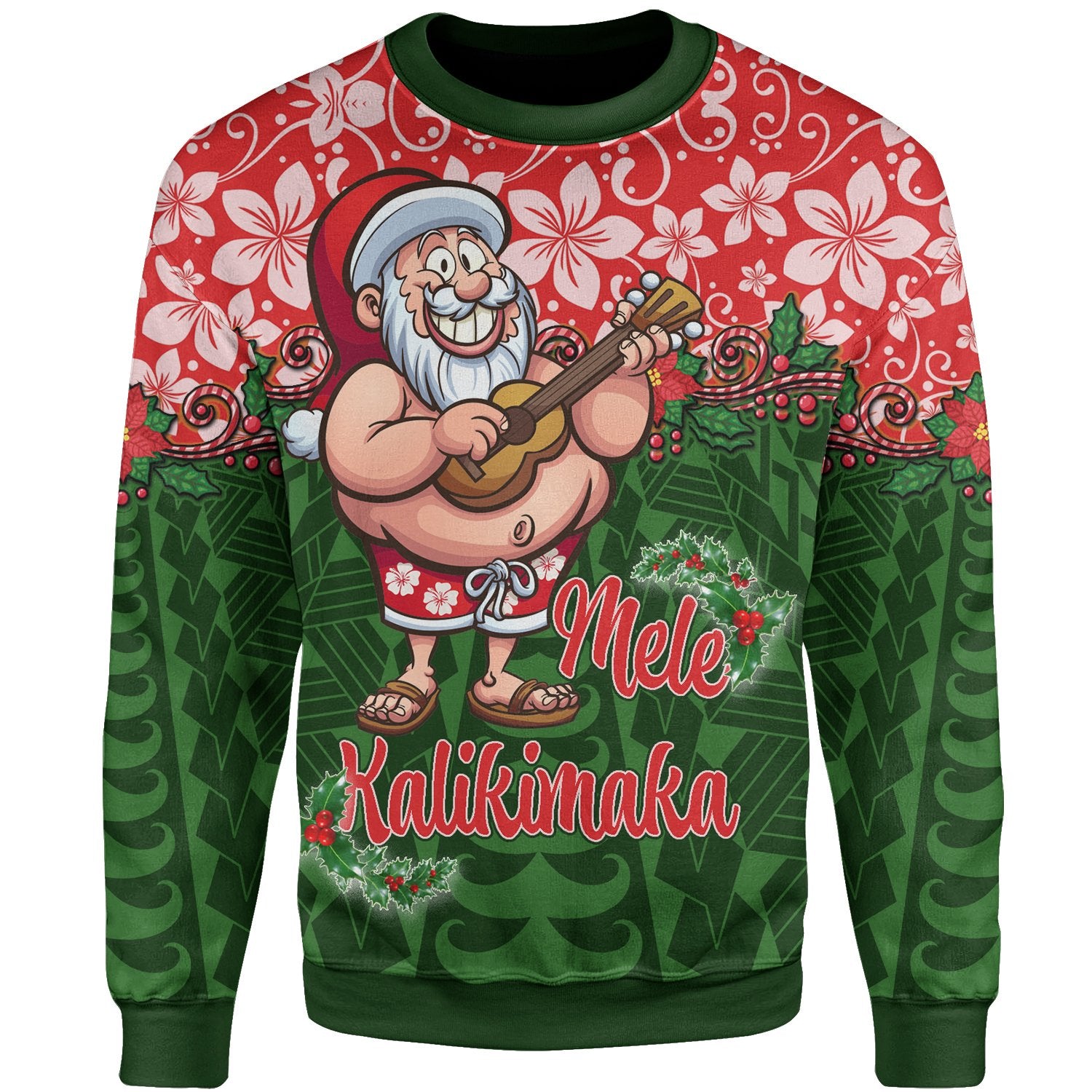 Christmas Sweatshirt 02 - Santa Claus Playing The Ukulele Unisex Green - Polynesian Pride