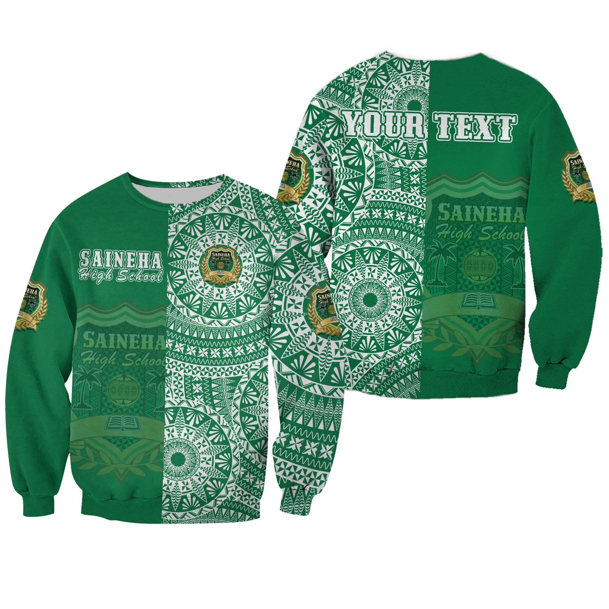 (Custom Personalised) Tonga Saineha High School Sweatshirt Tongan Ngatu Pattern LT14 Unisex Green - Polynesian Pride