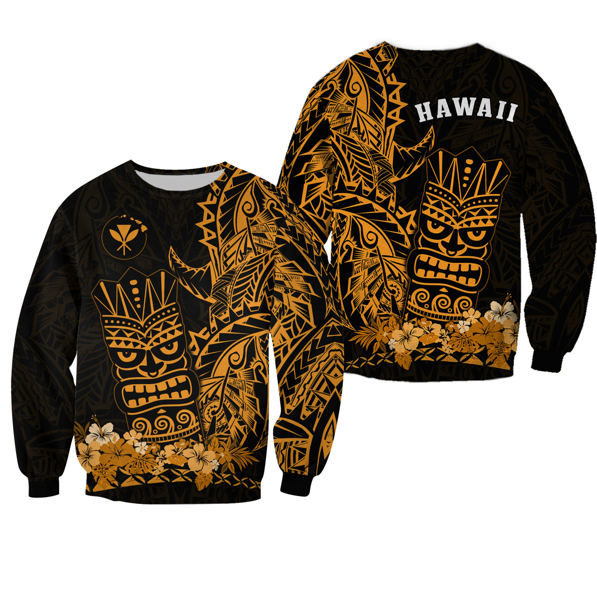 Hawaii Polynesian Sweatshirt Gold Tiki Masks Hawaiian LT13 Unisex Gold - Polynesian Pride