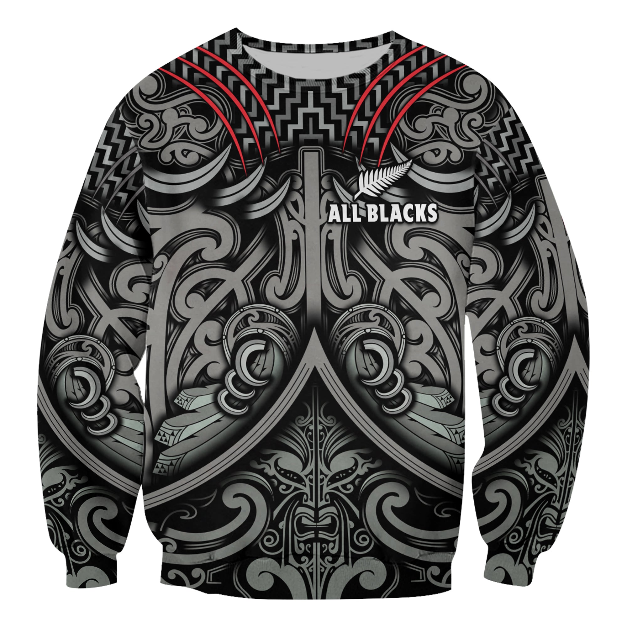 New Zealand Silver Fern Rugby Sweatshirt All Black NZ Maori Pattern LT13 Unisex Black - Polynesian Pride