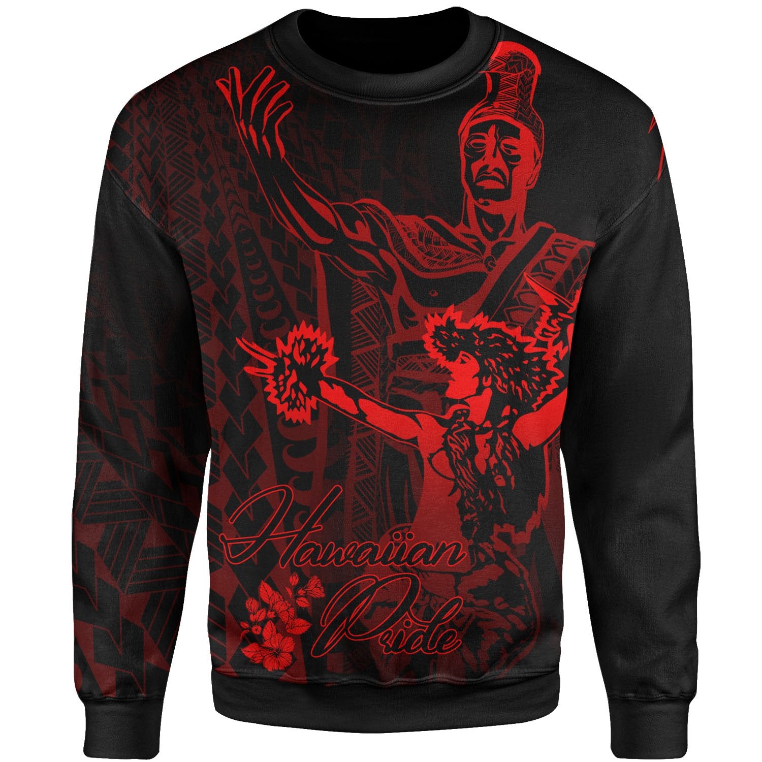 Hawaii Sweatshirt - King Of Hawaii With Hawaiian Girls Red Version Unisex Black - Polynesian Pride