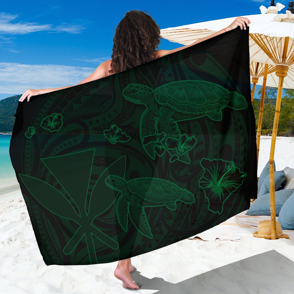 Hawaii Turtle Hibiscus Kanaka Map Sarong - Green - Aura Style - AH SARONGS One Size Green - Polynesian Pride