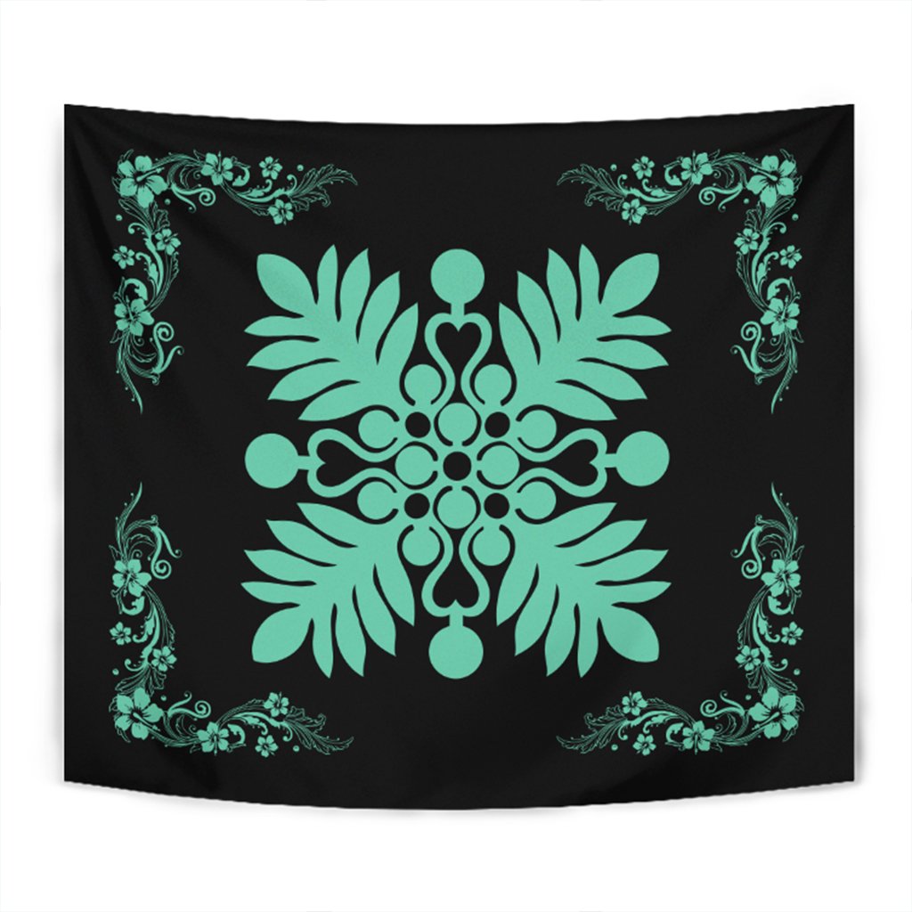 Hawaiian Quilt Maui Plant And Hibiscus Tappestry - Seafoarm Black - AH Wall Tapestry Seafoarm - Polynesian Pride