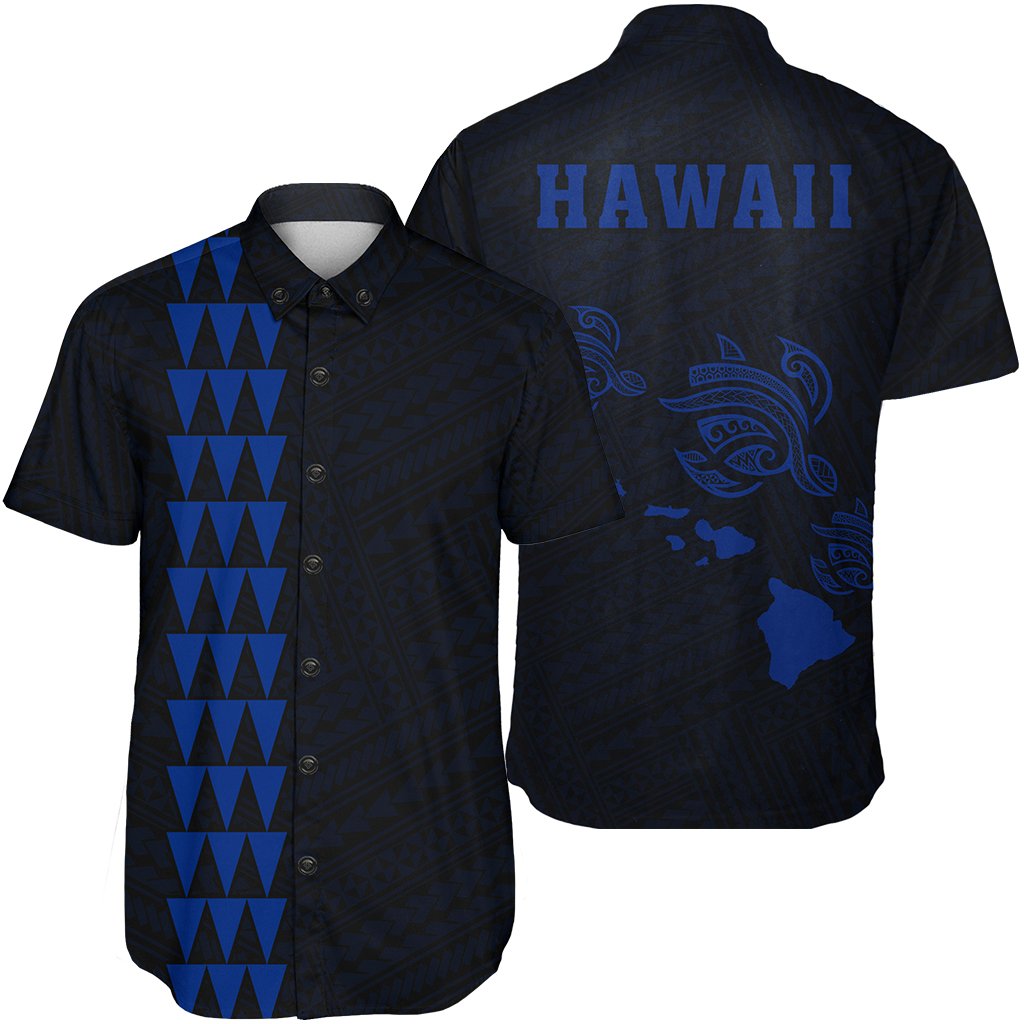 Hawaii Kakau Polynesian Three Turtle Map Short Sleeve Shirt - Blue Unisex Blue - Polynesian Pride