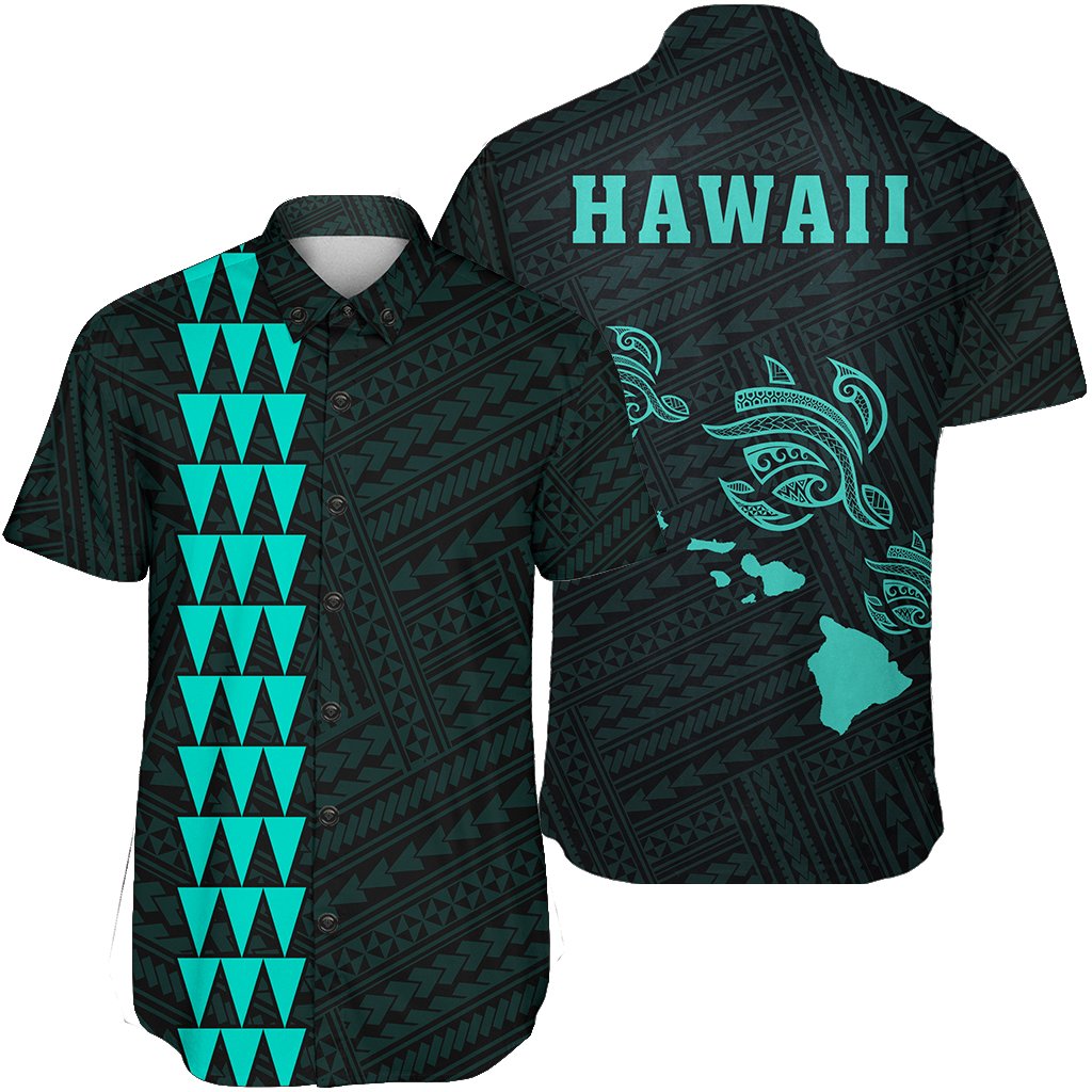 Hawaii Kakau Polynesian Three Turtles Map Short Sleeve Shirt - Turquoise Unisex Turquosie - Polynesian Pride