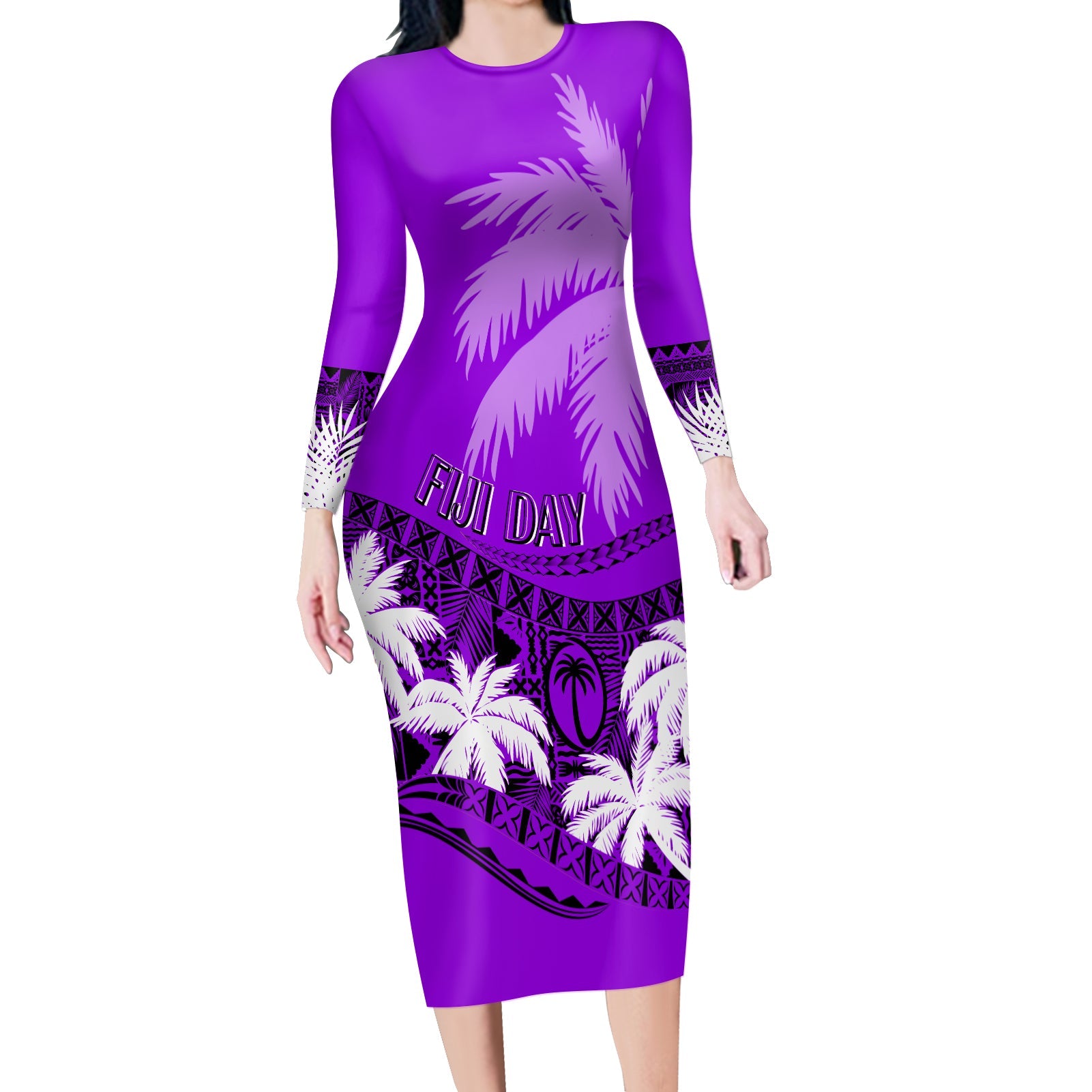 Fiji Day Long Sleeves Bodycon Dress Flying Fijians Masi Kesa Style - Violet LT7 Women Violet - Polynesian Pride