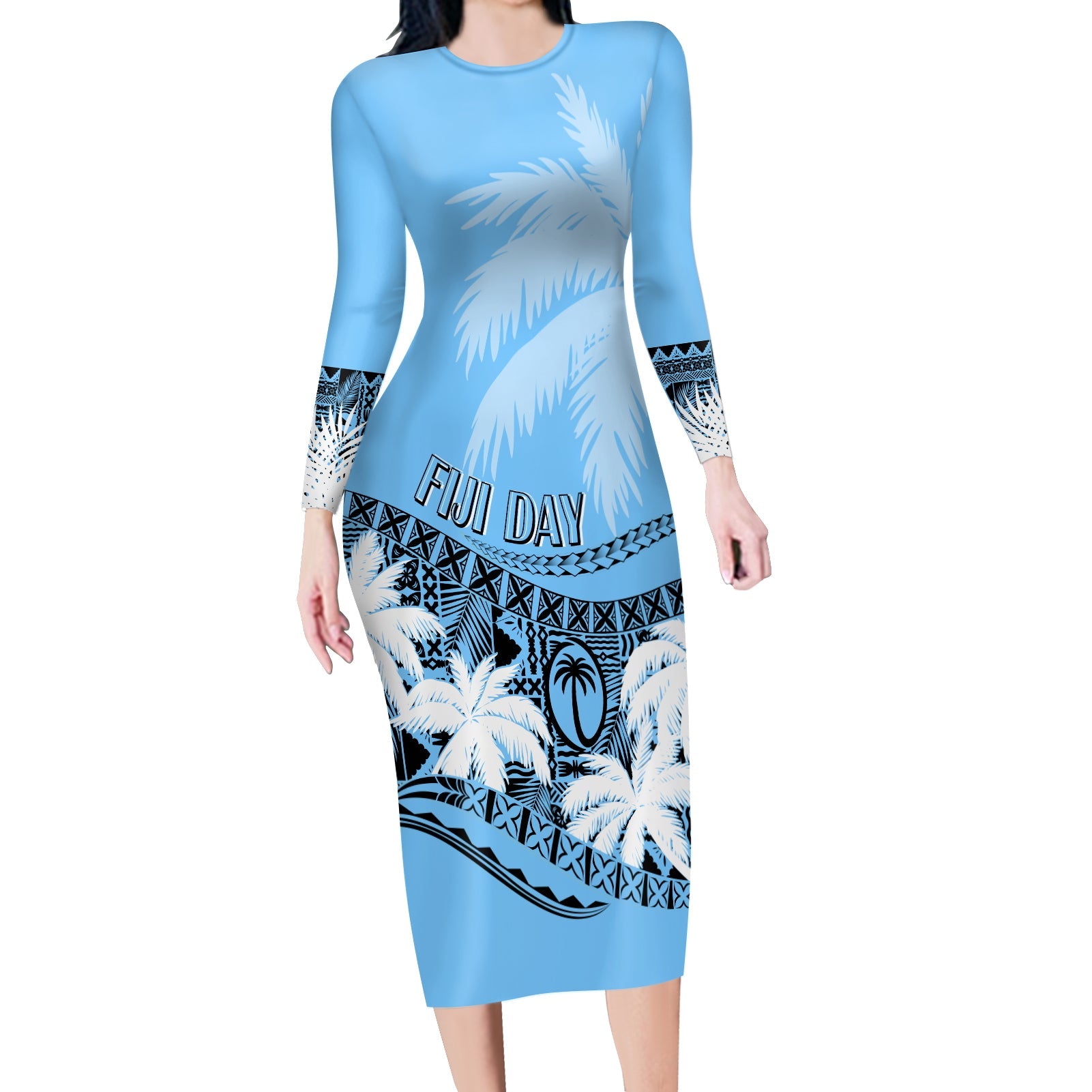 Fiji Day Long Sleeves Bodycon Dress Flying Fijians Masi Kesa Style - Turquoise LT7 Women Turquoise - Polynesian Pride