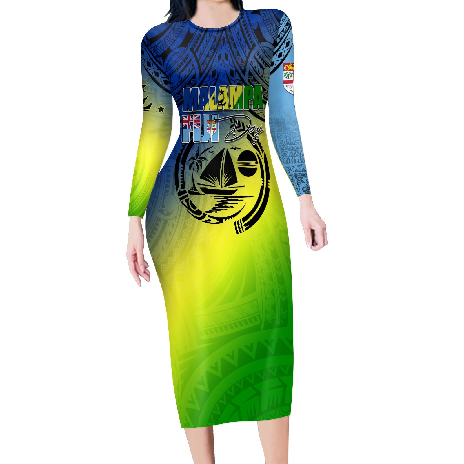 Malampa Fiji Day Long Sleeve Body Dress Flags Mix Style LT7 Women Art - Polynesian Pride