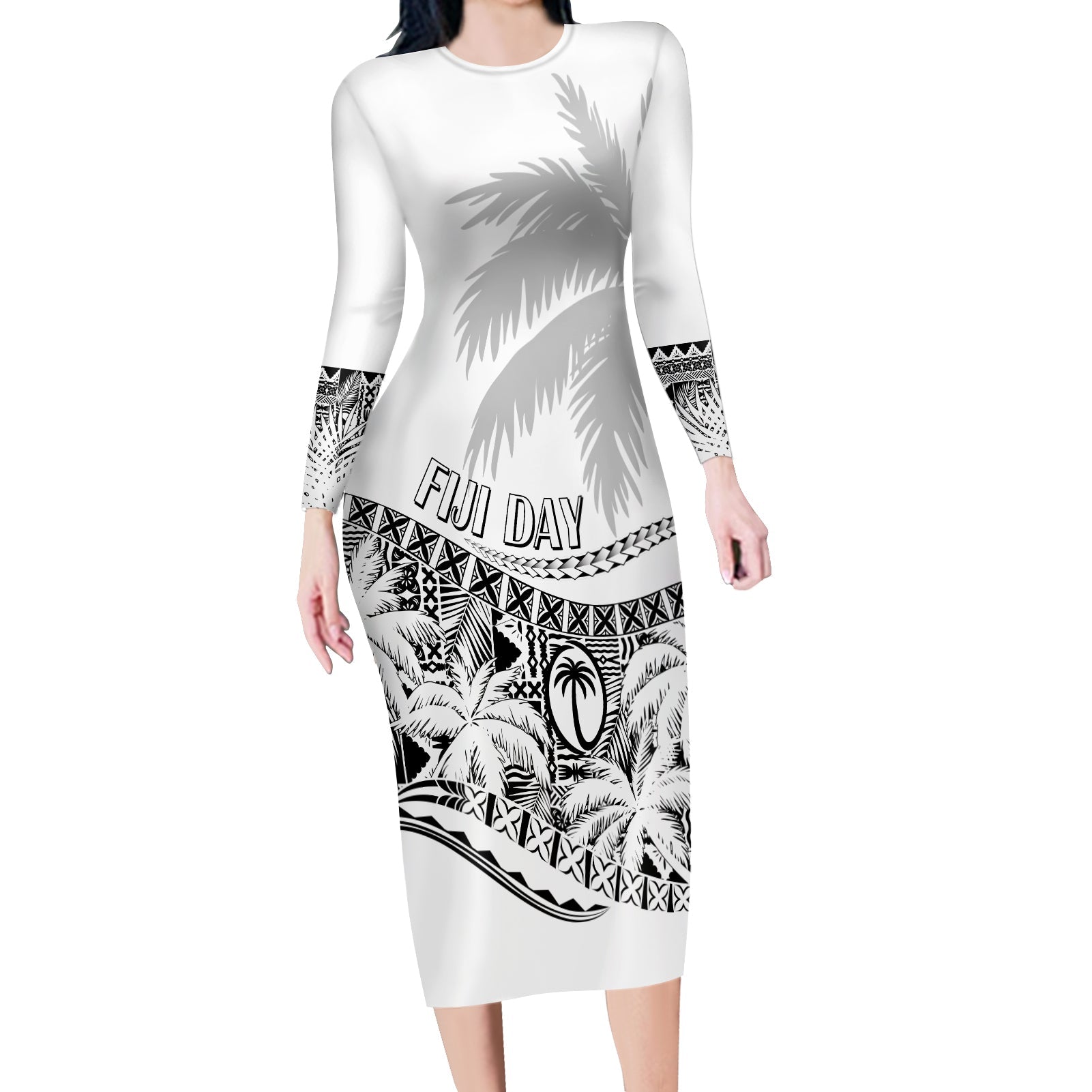 Fiji Day Long Sleeves Bodycon Dress Flying Fijians Masi Kesa Style - White LT7 Women White - Polynesian Pride