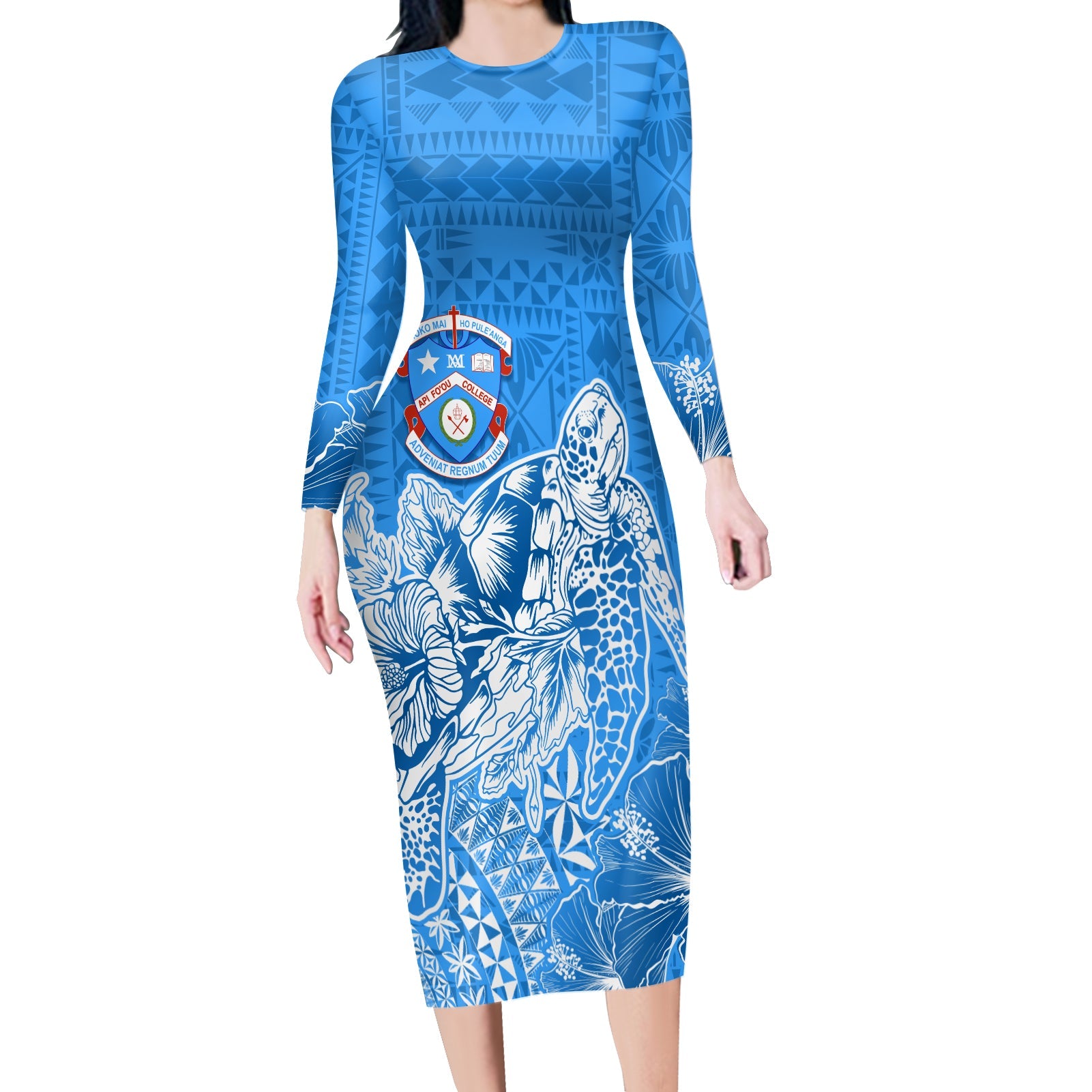 Apifoou College Tonga Long Sleeves Bodycon Dress Kupesi Style - Ver02 LT7 Polyester/spandex Blue - Polynesian Pride