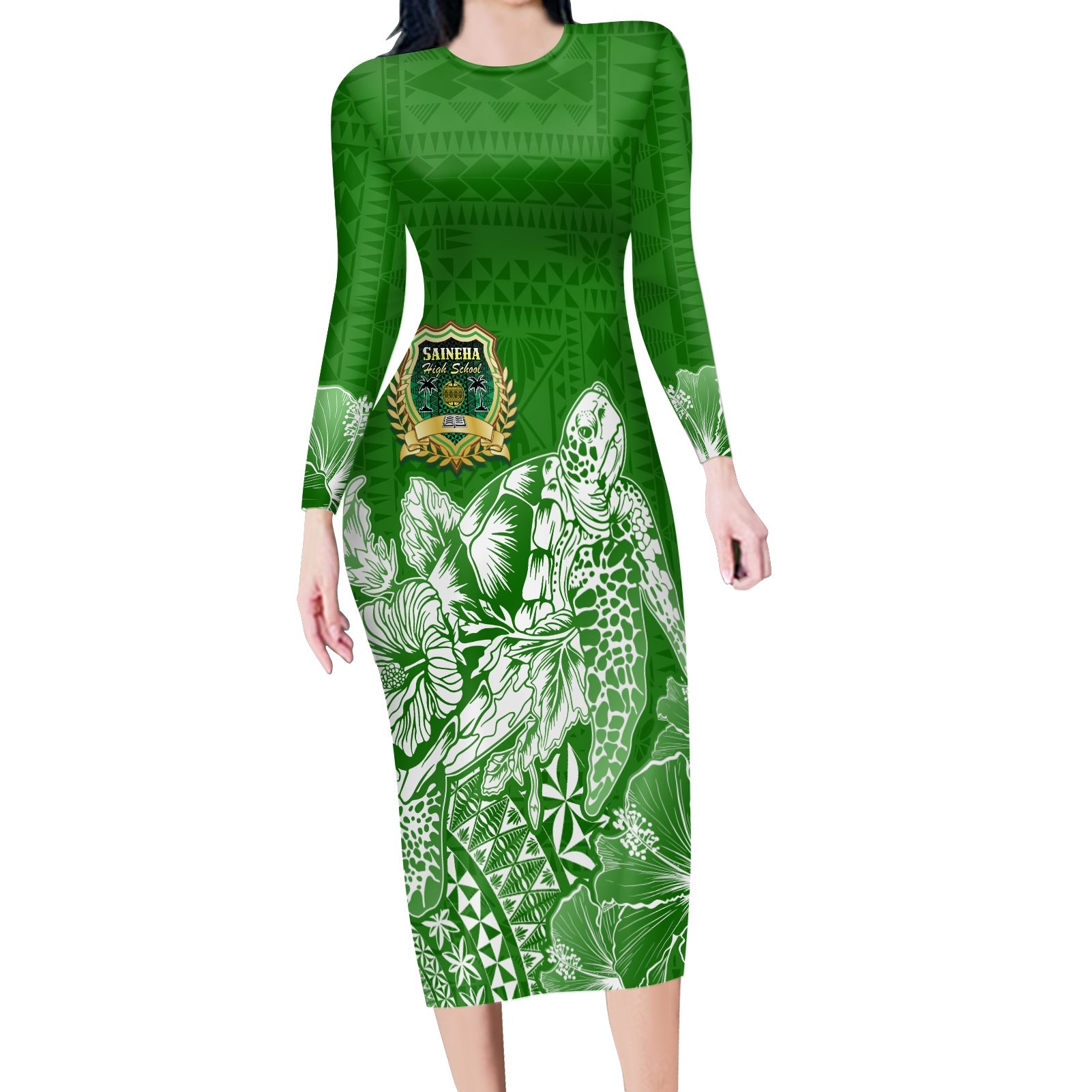 Saineha High School Tonga Long Sleeves Bodycon Dress Kupesi Style - Ver02 LT7 Polyester/spandex Green - Polynesian Pride