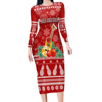 Hawaii Christmas Long Sleeves Body Dress Mele Kalikimaka - Ukulele LT7 Polyester spandex Red - Polynesian Pride
