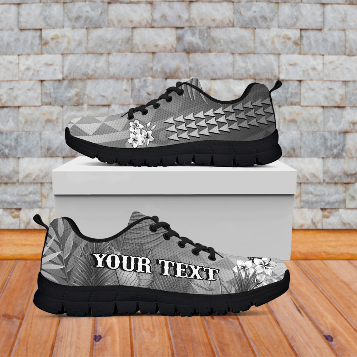 (Custom Personalised) Hawaii Pineapple Sneakers Gray Plumeria Frangipani Mix Tribal Pattern LT13 White - Polynesian Pride