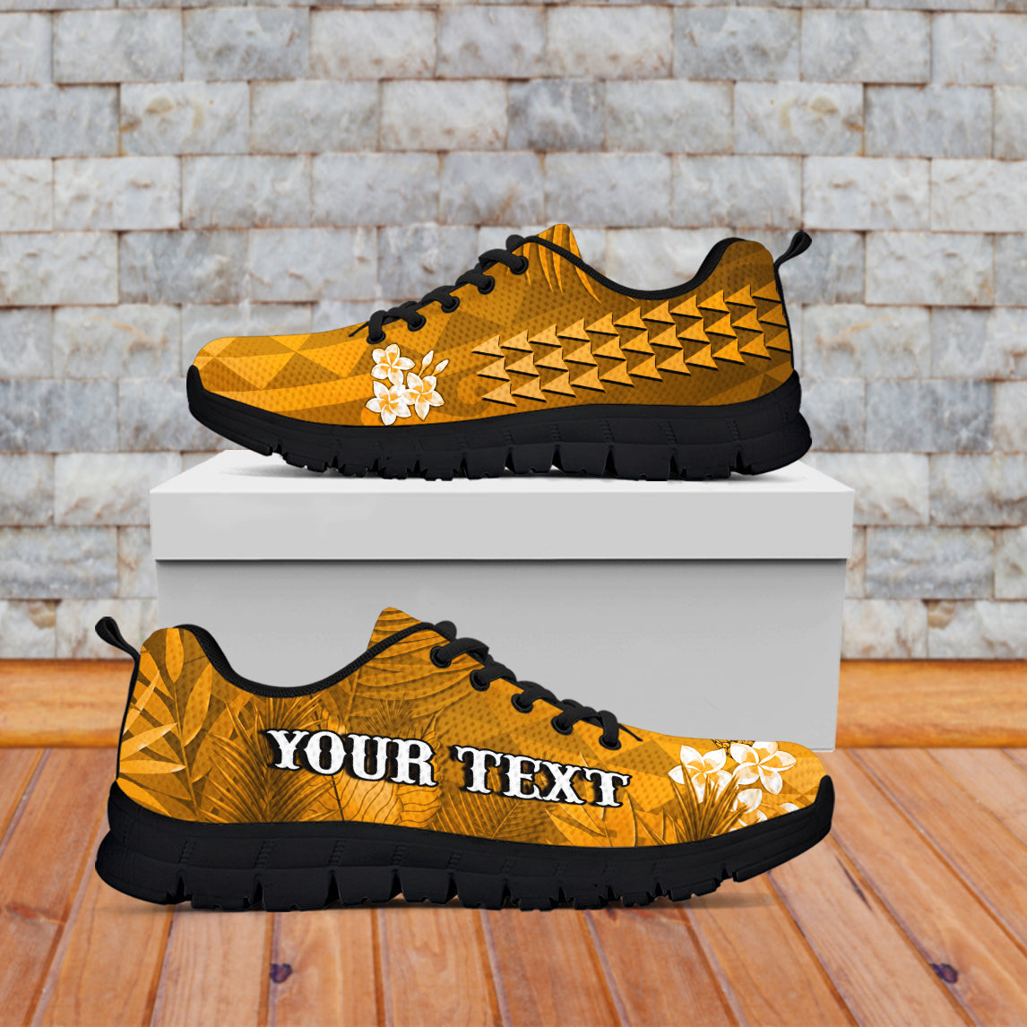 (Custom Personalised) Hawaii Pineapple Sneakers Gold Plumeria Frangipani Mix Tribal Pattern LT13 White - Polynesian Pride
