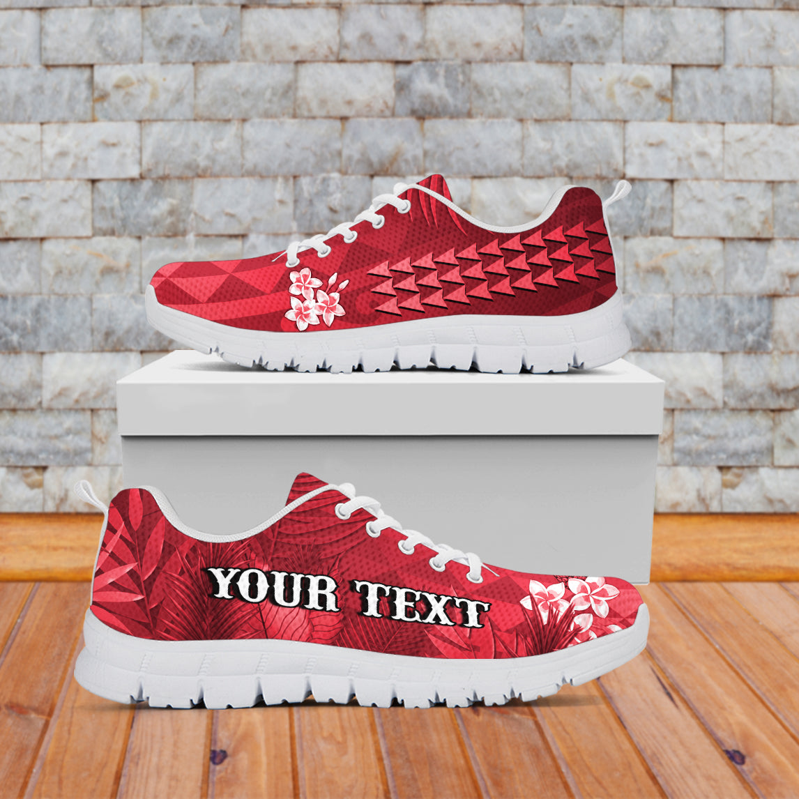 (Custom Personalised) Hawaii Pineapple Sneakers Red Plumeria Frangipani Mix Tribal Pattern LT13 White - Polynesian Pride