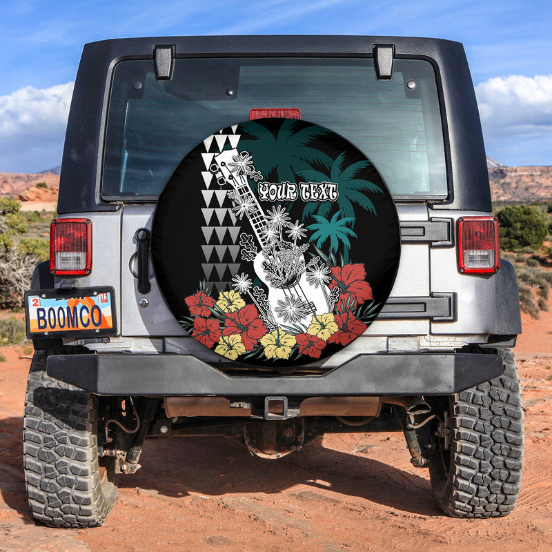 (Custom Personalised) Hawaii Ukulele Mix Hibiscus and Coconut Tree Spare Tire Cover Aloha Vintage Black Version LT9 No hole - Polynesian Pride